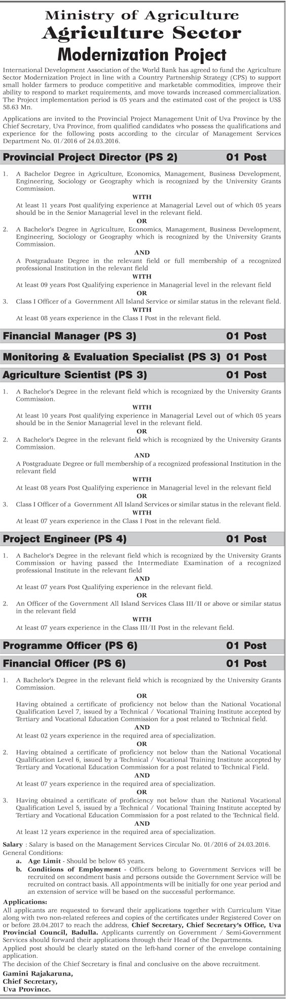 Provincial Project Director, Financial Manager, Monitoring & Evaluation Specialist, Agriculture Scientist, Project Engineer, Programme Officer, Financial Officer - Ministry of Agriculture